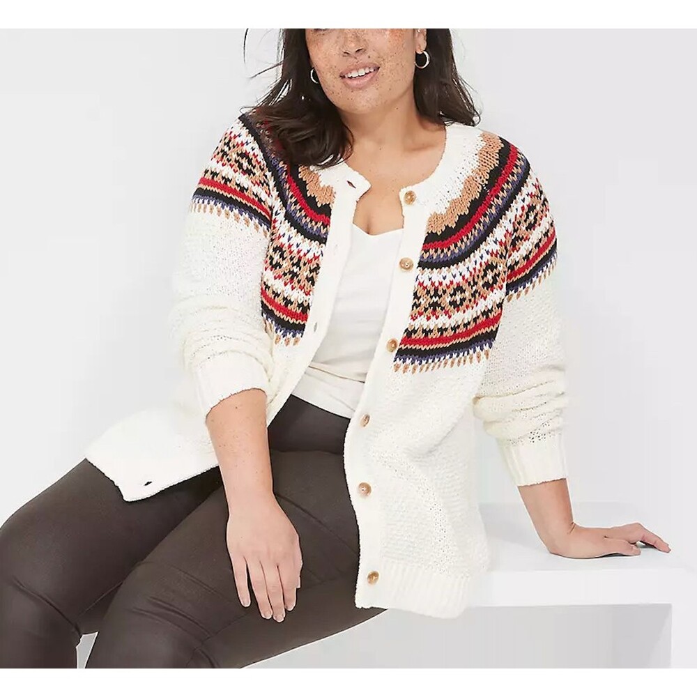Lane Bryant Fair Isle Cardigan Sweater 14 16 Ivory Brown Thick Cozy Nordic